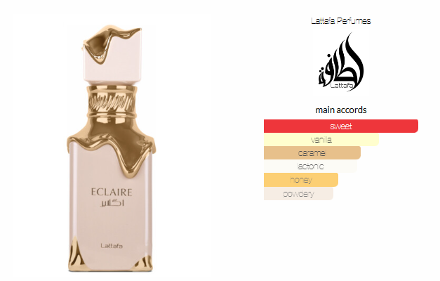 Eclaire by Lattafa Perfumes is a Floral Fruity Gourmand fragrance for women. This is a new fragrance. Eclaire was launched in 2024. Top notes are Caramel, Milk and Sugar; middle notes are Honey and White Flowers; base notes are Vanilla, Praline and Musk.