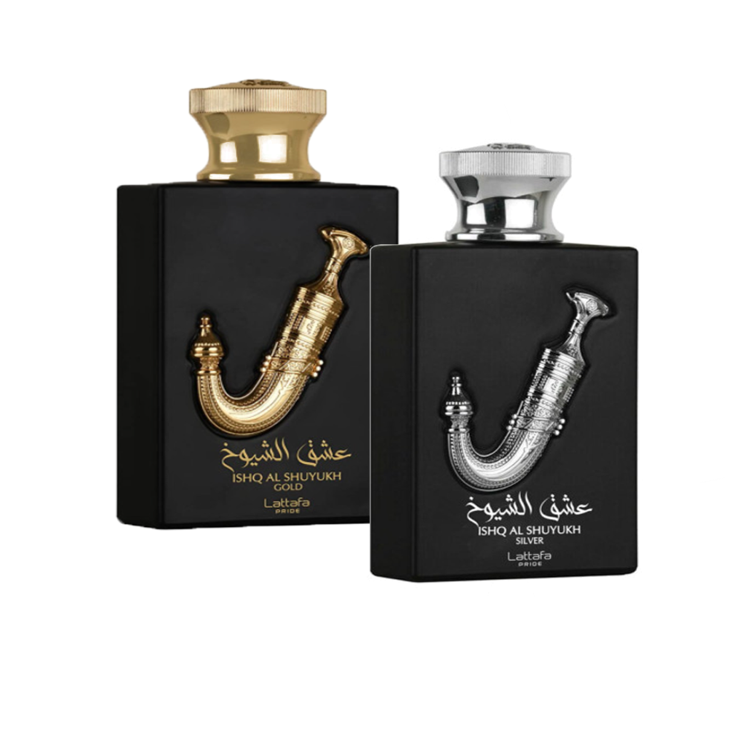 Ishq Al Shuyukh Gold and Silver Lattafa Perfumes for women and men