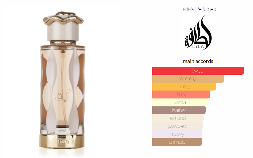 Teriaq by Lattafa Perfumes is a fragrance for women and men. Teriaq was launched in 2024. Top notes are Caramel, Bitter Almond, Apricot and Pink Pepper; Honey, Rhubarb, White Flowers and Rose; Vanilla, Leather, Musk, Vetiver and Labdanum.